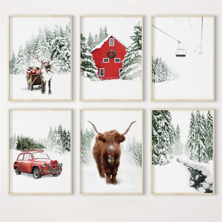 Winter Snow Train Moose Landscape Picture Canvas Painting Wall Art Christmas Tree Poster Nordic Scenery Print for Home Decor