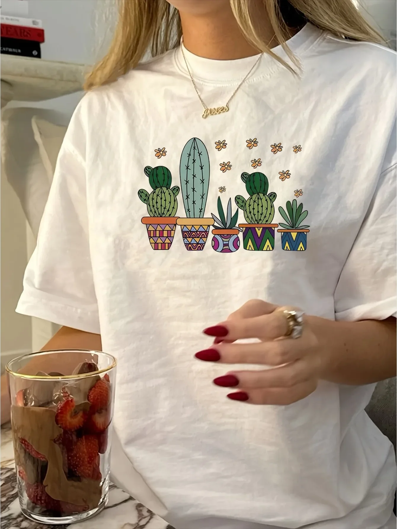 

Plant Cactus Cartoon Print Short-sleeved T-shirt Casual and Versatile Style Suitable for Women's Daily and Outings in Summer