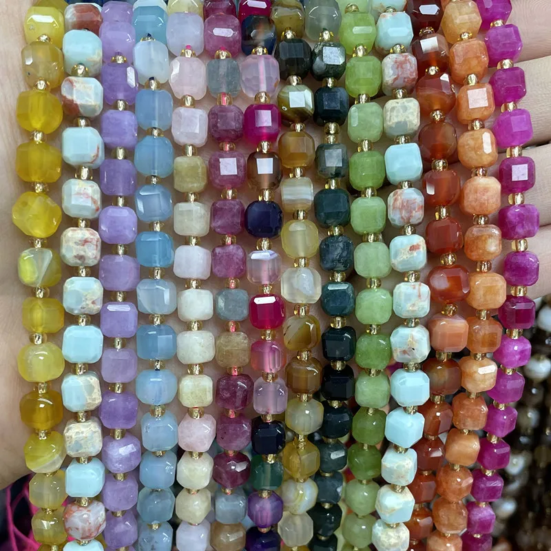 yZ[z5 6 8MM Natural Stone Square Faceted Agates Aquamarine Tourmaline Chalcedony Cube Spacer Beads For Jewelry Making Diy Accessorie