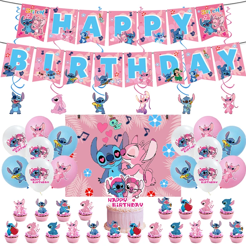 Disney Lilo And Stitch Birthday Decoration Pink Stitch Tableware Set Balloons Tablecloth Paper Cup Plate Backdrop Party Supplies