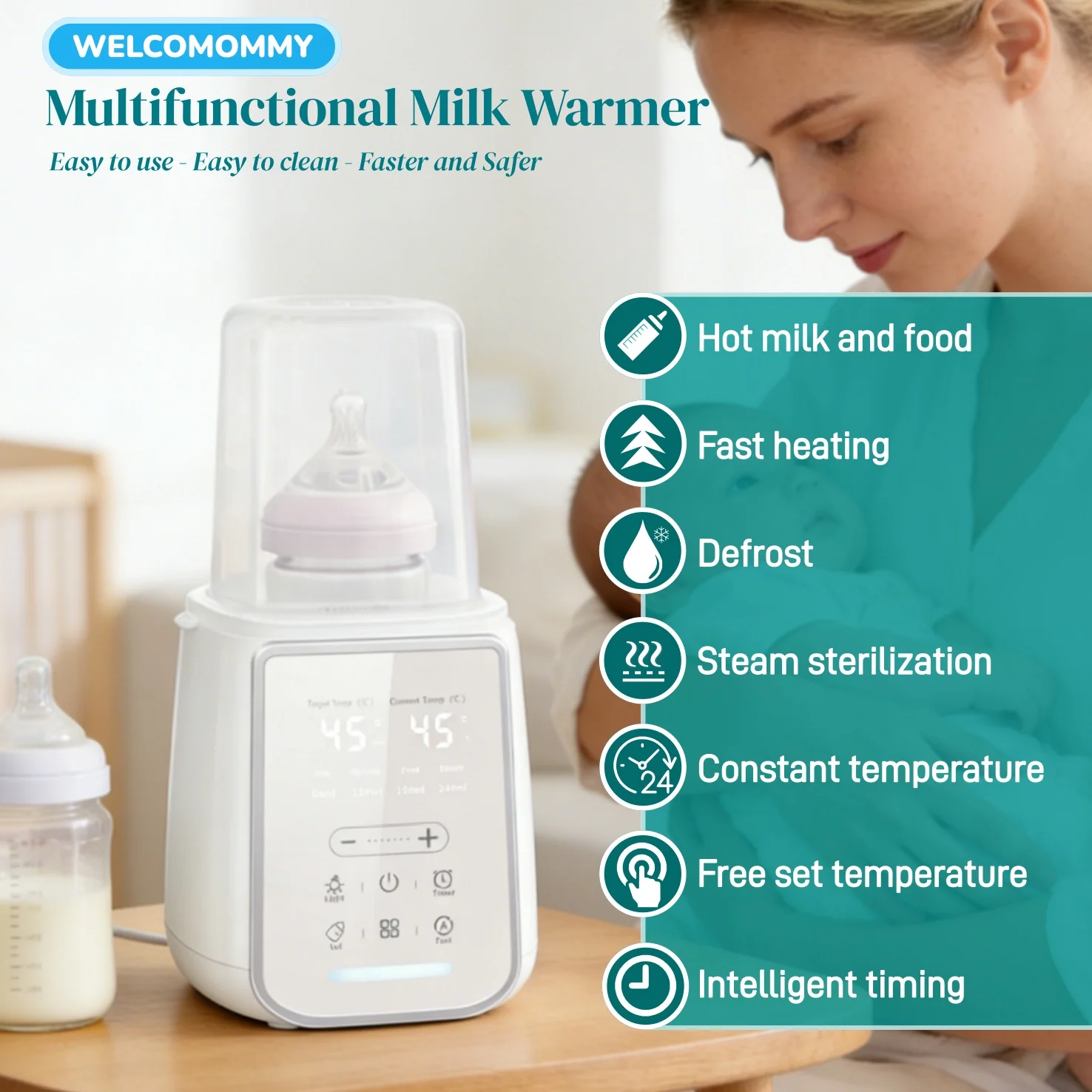 

8In1 Baby Bottle Breast Milk Warmer Sterilizer Multifuntion Breast Milk & Food Heater Auto Timing Free-set Time&Temp Anti-dry
