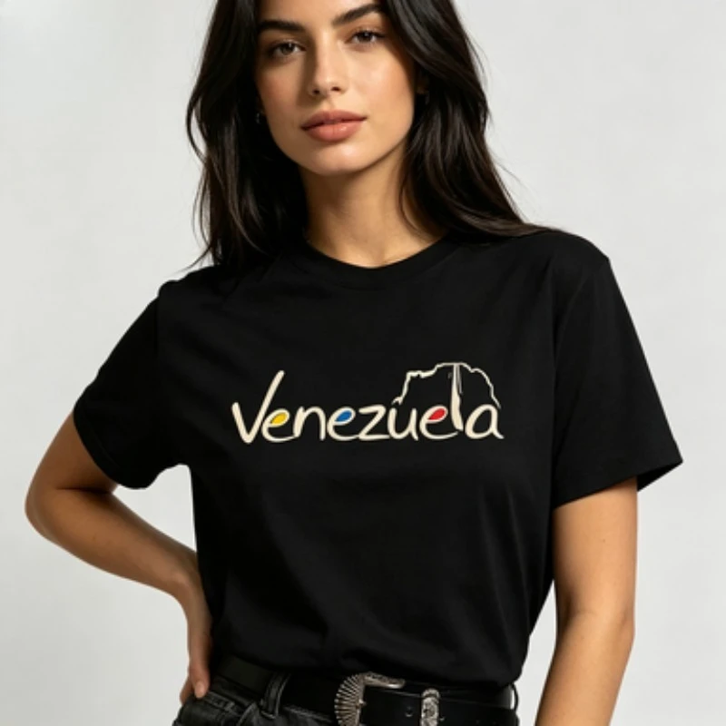Summer Ladies Soft Cotton T‑Shirt, Creative Venezuela Text Map Outline Print Crew‑neck Short‑sleeve Casual Daily Fashion  Tee