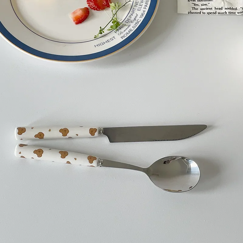 Cute Bear Stainless Steel Knife Fork Spoon with Ceramics Handle Lunch Tableware Coffee Dessert Fork Spoon Students Cutlery Set