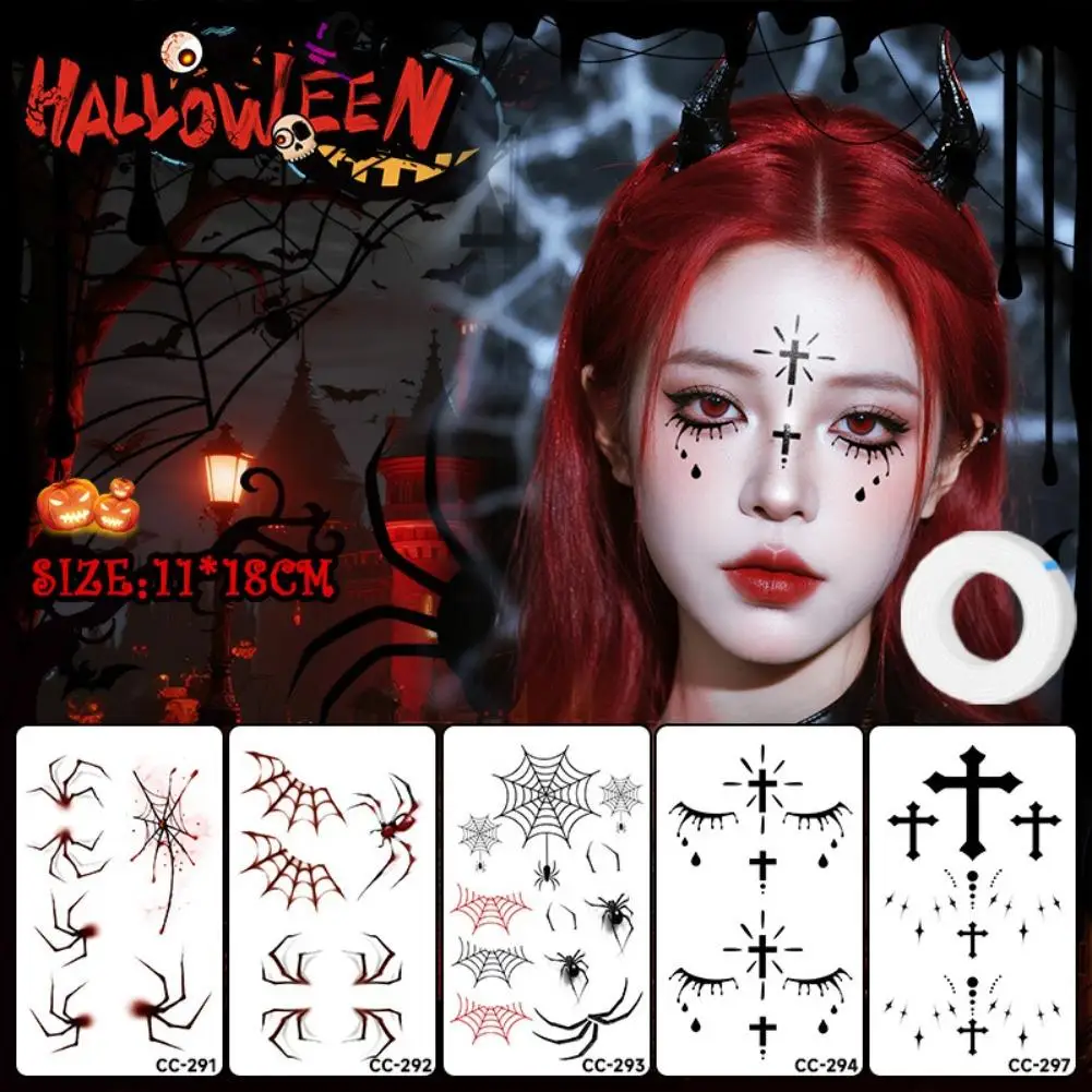 5 folhas festa de halloween horror sangrenta ferida tatuagem adesivos aranha web tatuagem lágrimas da freira para rosto braço à prova dwaterproof água diy