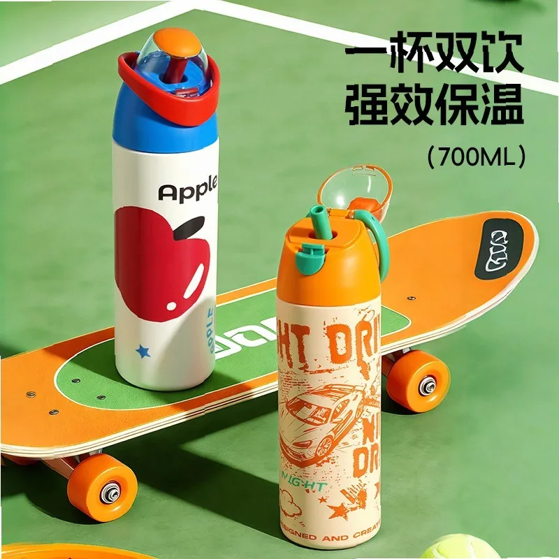 High looks Kids Straw Vacuum Tumbler Cute Portable with Lid&Handle Leakproof outdoor Sports Water Bottle for officestaff student