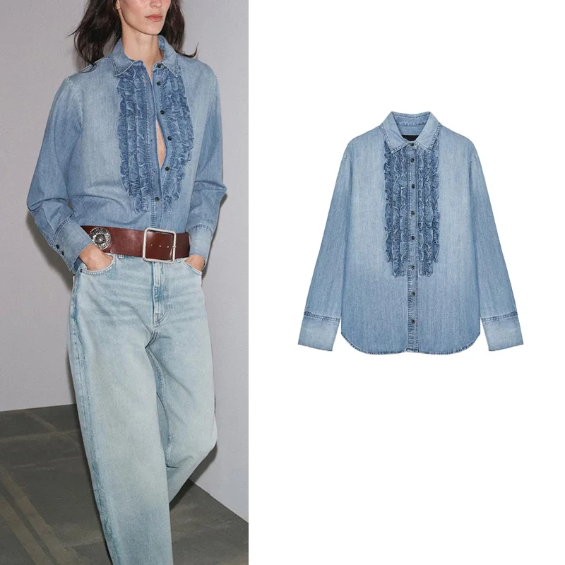 

Za Summer New Women's Denim irt Collar Decoration Single Row Multiple Buttons Long Sve Flip Collar Faionable Commute