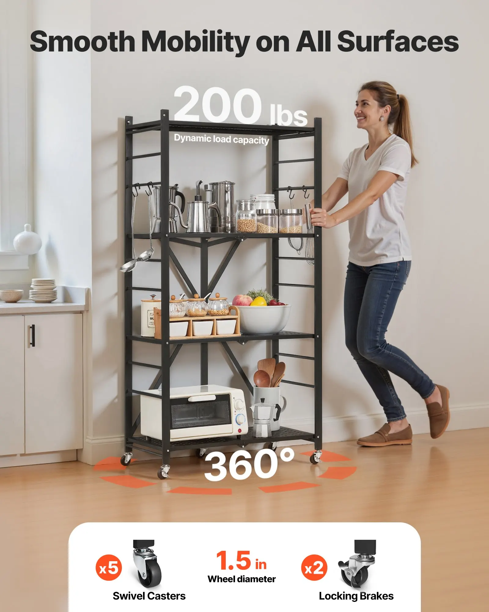 

4-Tier Foldable Storage Shelf, 28W X 13D X 54H Inch Folding Metal Rack Shelving Unit, No Assembly Organizer Shelf With 5 Wheels & 4 Hooks For Pantry, Kitchen, Garage, Basement, Black