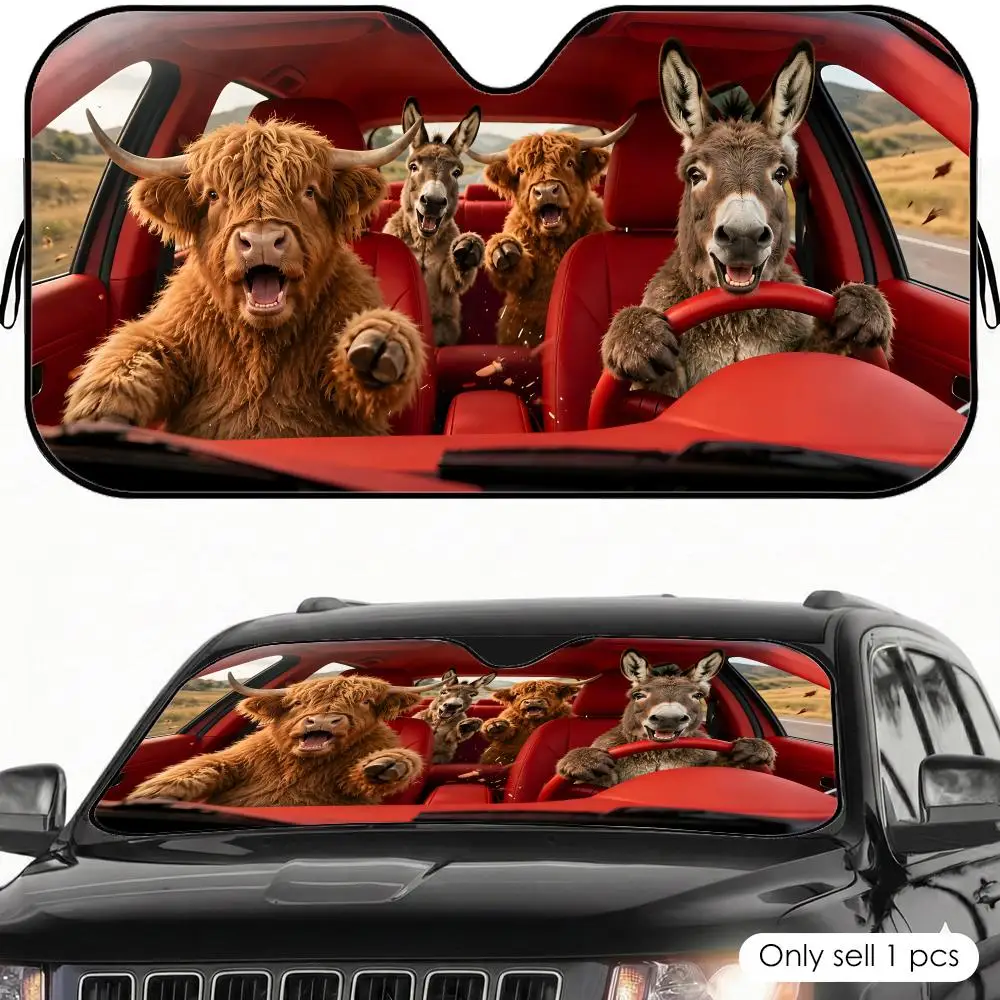 

Highland Cow and Donkey Sun Visor Car Windshield Sunshade UV Protection Reflective Foldable Heat Insulation Cover