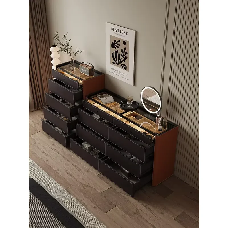 Modern Italian Bedroom Dresser Smart Chest of Drawers Fingerprint Leather Wrapped E0 Multilayer Wood Storage