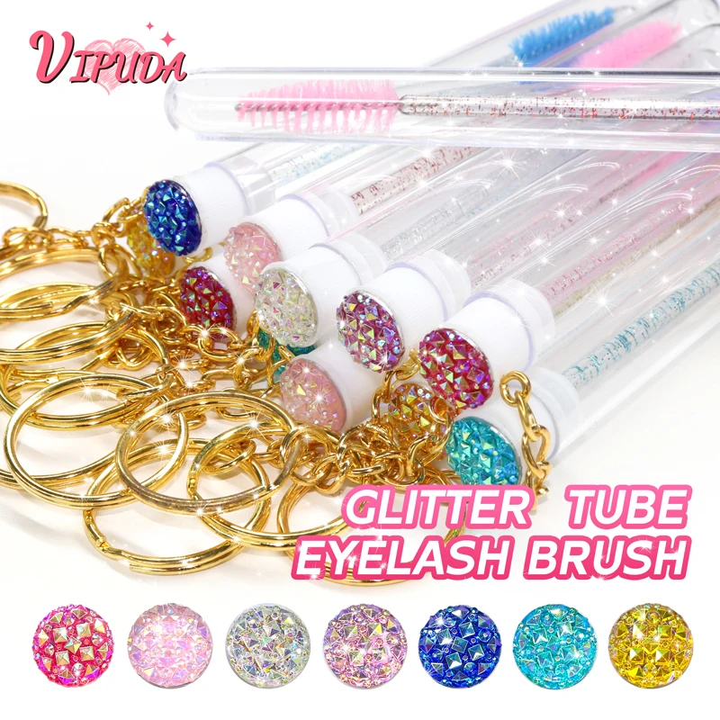 50Pcs Tube Lash Brush With Gold Keychain Rhinestone Mascara Wand Applicator Microbrush For Eyelash Replaceable Makeup Brush