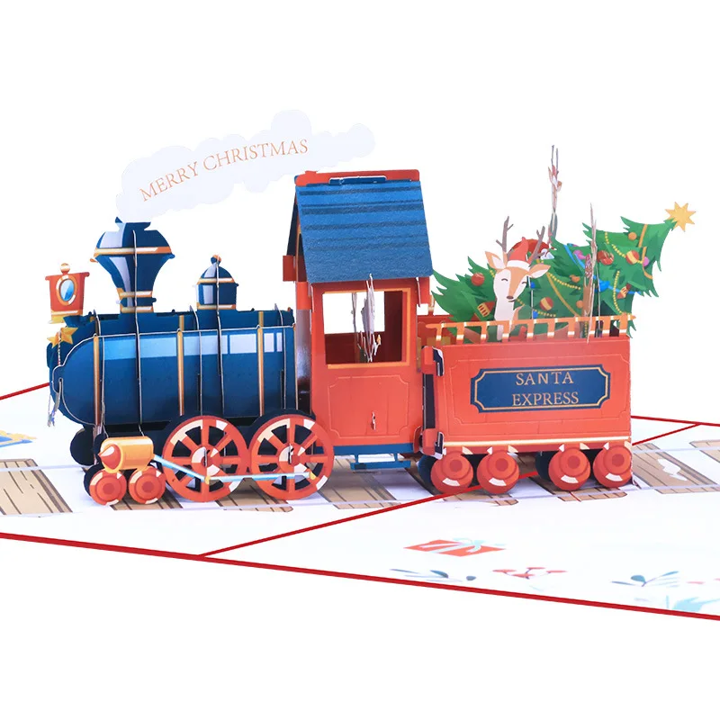 

10pcs Christmas Train Origami 3D Pop UP Greeting Card Invitation For Thanksgiving Wedding Birthday Xmas Party Souvenirs Gift