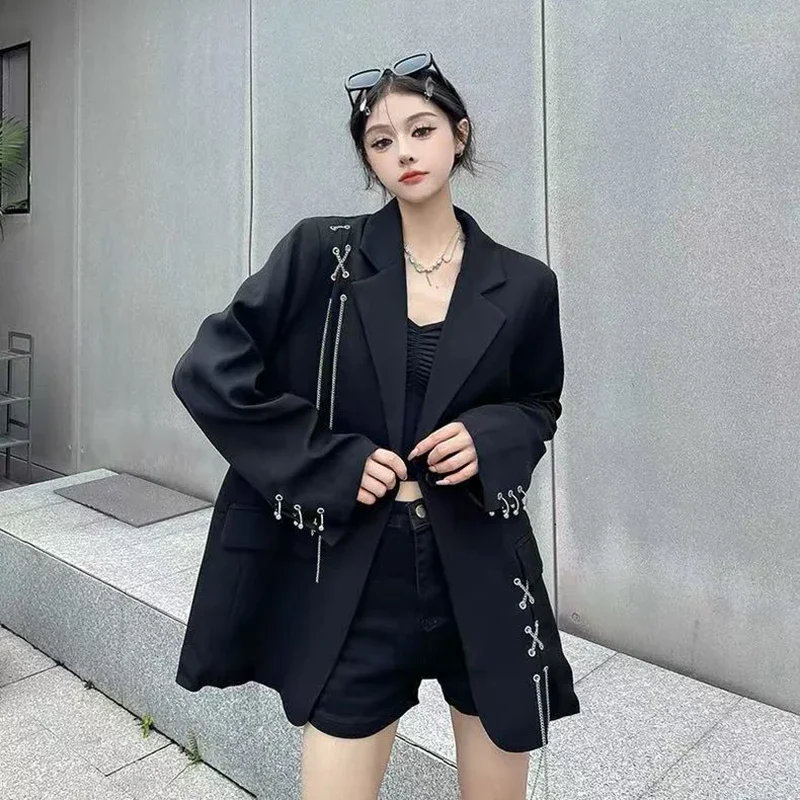 Black Women Y2k Autumn Fashion Streetwear Chain Decoration Suit Jackets Korean Oversized Casual A Button Coats