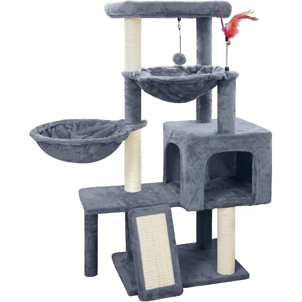 

Серый игровой комплекс для кошек: лазалка с гамаками, домиком, когтеточками и игрушечными мячами для домашних кошек