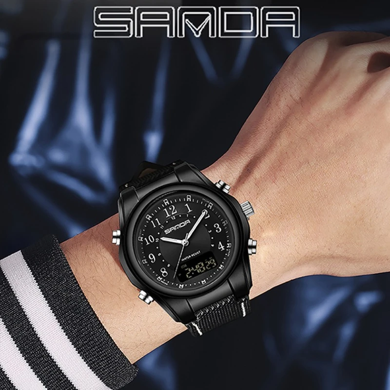 SANDA 3176 Orologio da uomo al quarzo con doppio display alla moda, sveglia impermeabile multifunzionale, cronografo, orologi da uomo Relógio