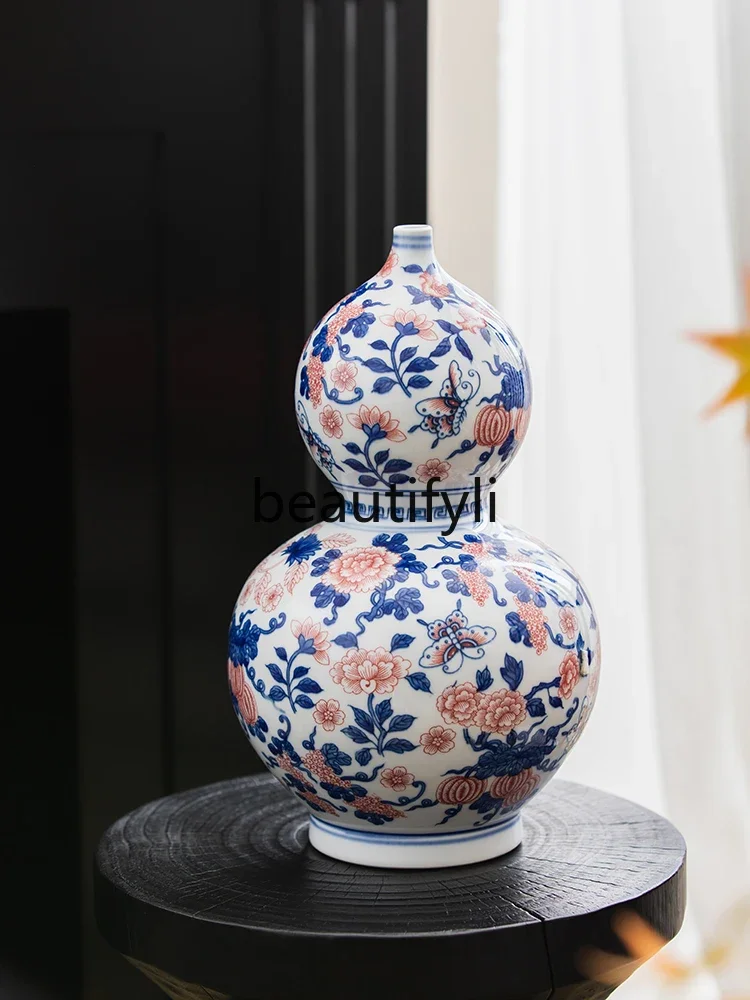 Jingdezhen ceramic blue and white underglaze red vase living room entrance Bogu frame decoration Zen antique ornament