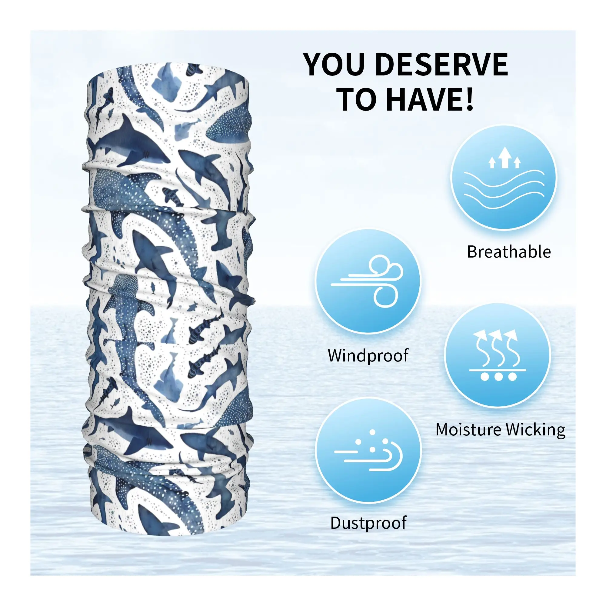 Monochrome Blue Watercolour Shark Ocean Bandana Neck Gaiter Starry Whale Sharks Scarf Balaclava Sports Adult Breathable image 3
