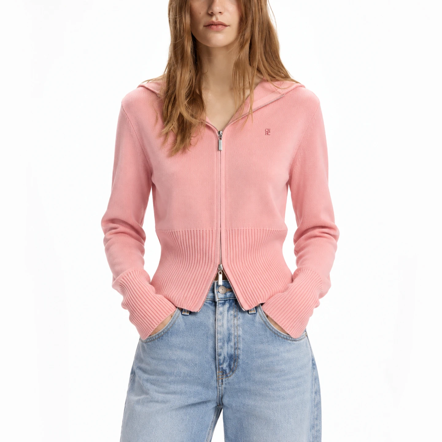 CH Long Sleeve Knit Jacket Oversized Lapel Full Zip Closure Tiny Chest Embroidery Rib Trim Waist Cuff Casual Outer Top