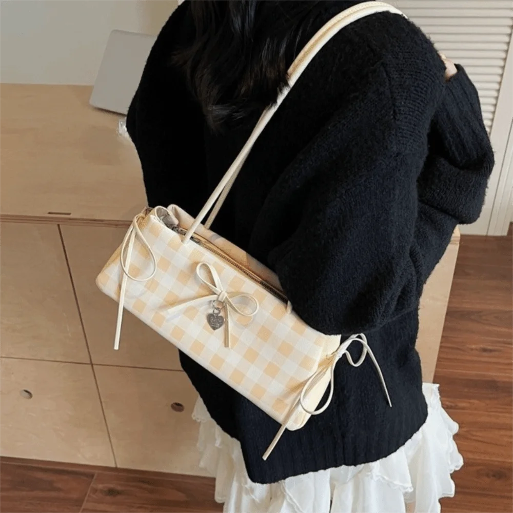

Fashion Plaid French Stick Handbag High Quality Y2K PU Shoulder Bag Large Capacity Korean Style Bow Underarm Bags Work