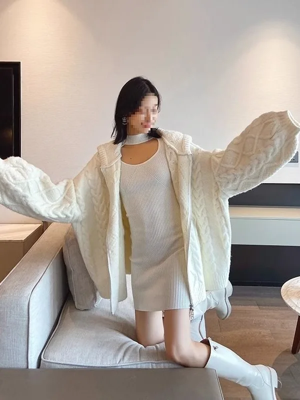 

Autumn Winter Solid Loose Hooded Cardigan Korean Vintage Casual Fashion Knitted Oversized Zip Up Hoodie Sweater Coat Streetwear