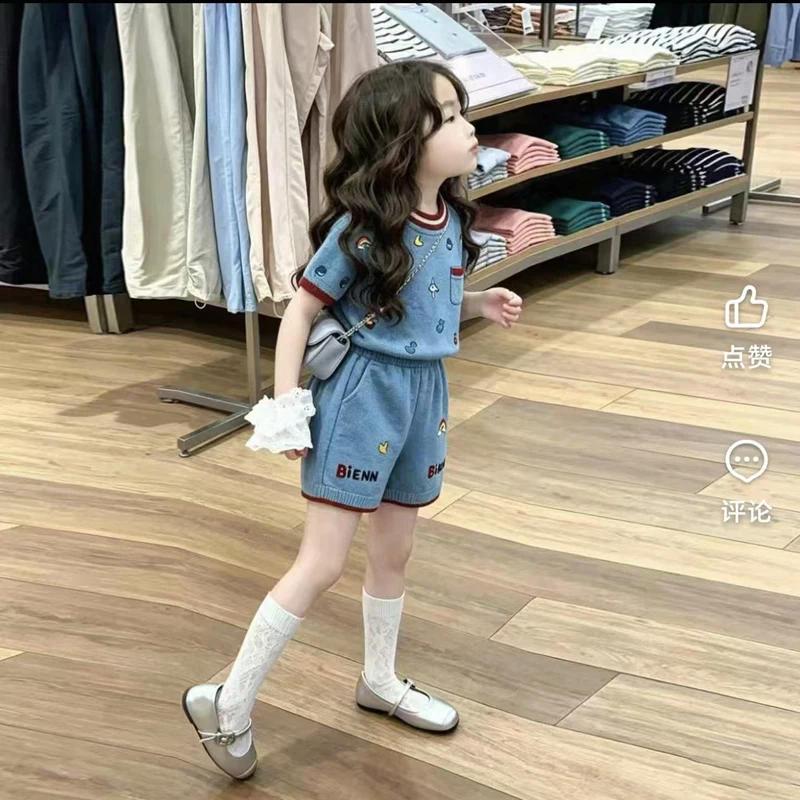 Summer Elegance Princess Clothing Cute Knitted Sweater Top Shirt+Shorts 2Pcs Girls Boys Sets Childrents Kid Elegance Party Cloth
