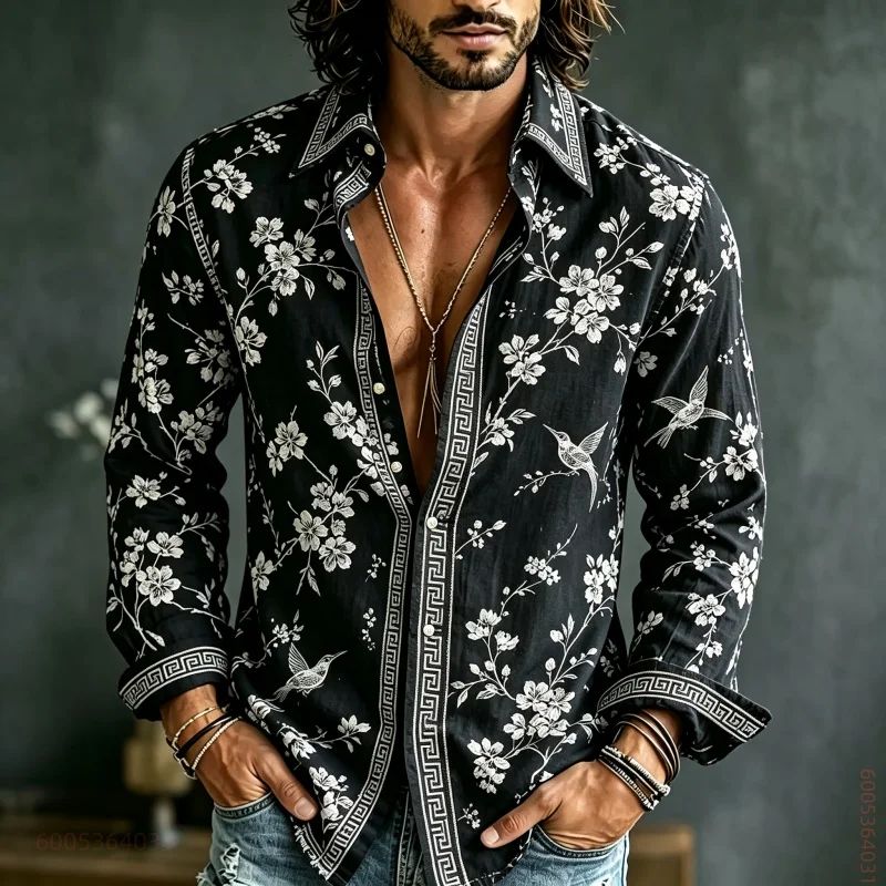 Men's long sleeved shirt with ethnic style flowers, birds, plants, full printed shirt, versatile casual top for daily commuting