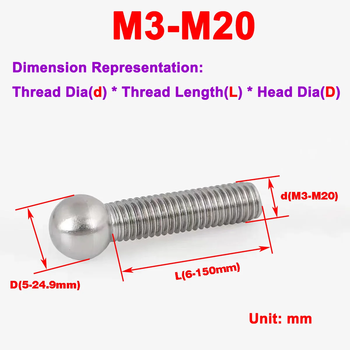 

304 Stainless Steel Ball Head Screw / Ball Screw / Ball End Universal Rotating Bracket Bolt