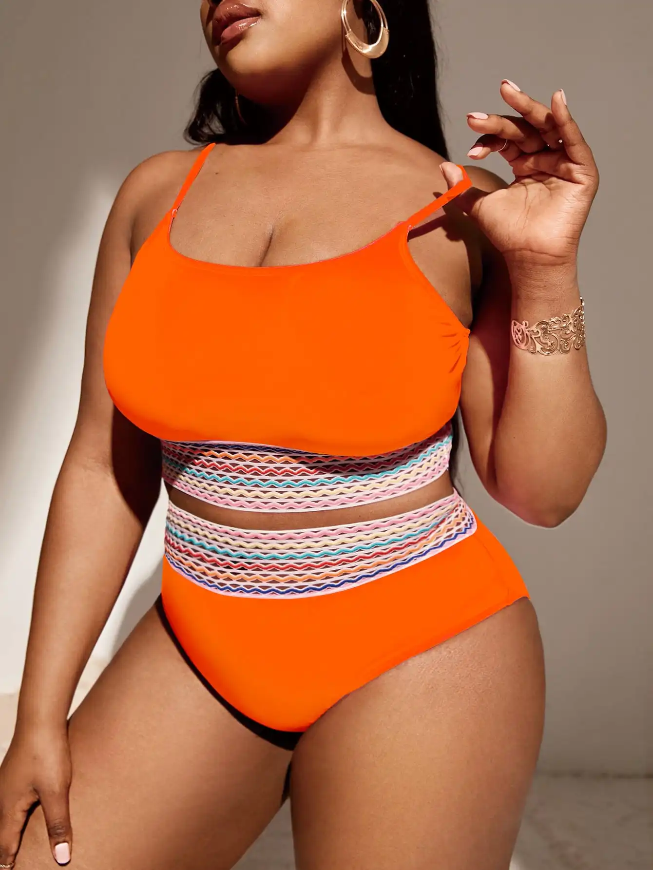 2023 Orange Contrast Trim Swimsuit Women Plus Size Swimwear Female High Waist Bathers Bathing Swimming Suit Summer Beachwear