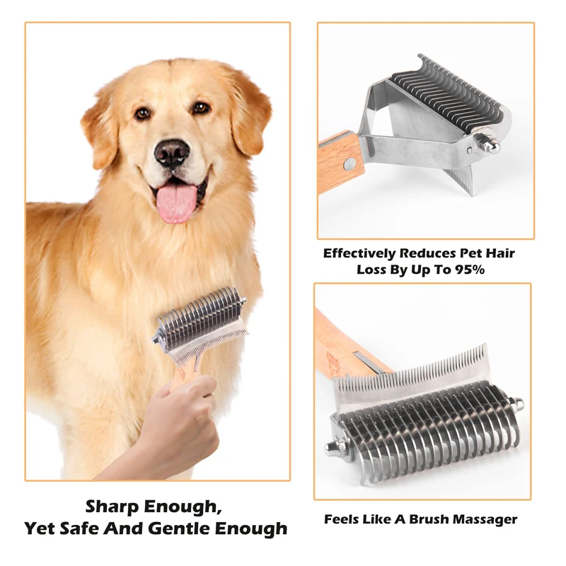 Benepaw 3-in-1 Deshedding Dog Rake Brush Professional Comfortable Handle Dematting Comb Removes Hair Tangle Rounded-end Blade