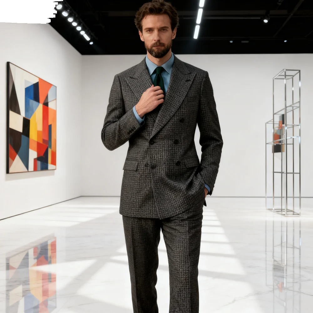 

Мужской шерстяной костюм с узором «гусиные лапки», комплект из 2 предметов, осенне-зимний костюм на заказ, куртка и брюки бежевого и черного цвета для бизнеса