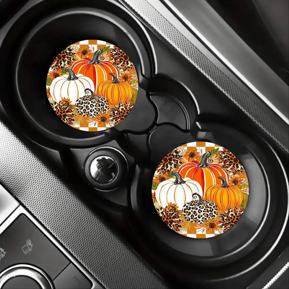 Thanksgiving EVA Car Cup Holder Coasters 2pcs Pumpkin Leopard Sunflower Design Auto Drink Mats Festive Vehicle Decor