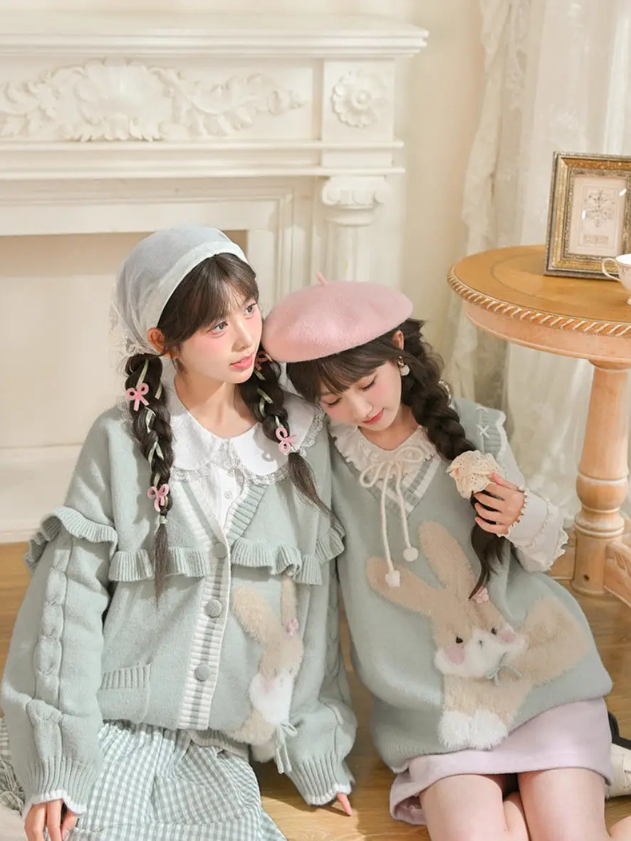 

Gagaok Sweater Top Sweet Cute Rabbit Jacquard Knitted Cardigan Women 2025 New Autumn V-neck Gentle Casual Kawaii Clothes