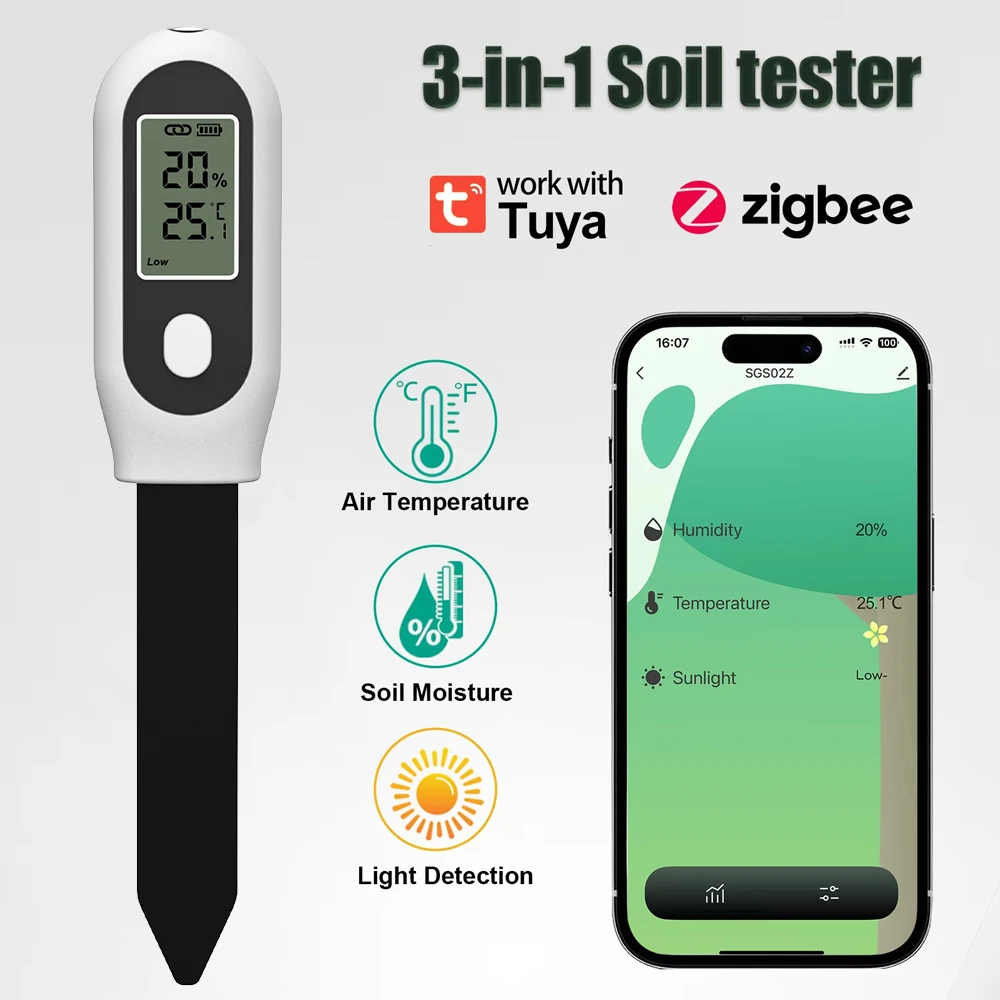 

Тестер почвы 3 в 1, датчик влажности, температура, измеритель солнечного света Tuya Zigbee, приложение для контроля влажности почвы для садовой фермы