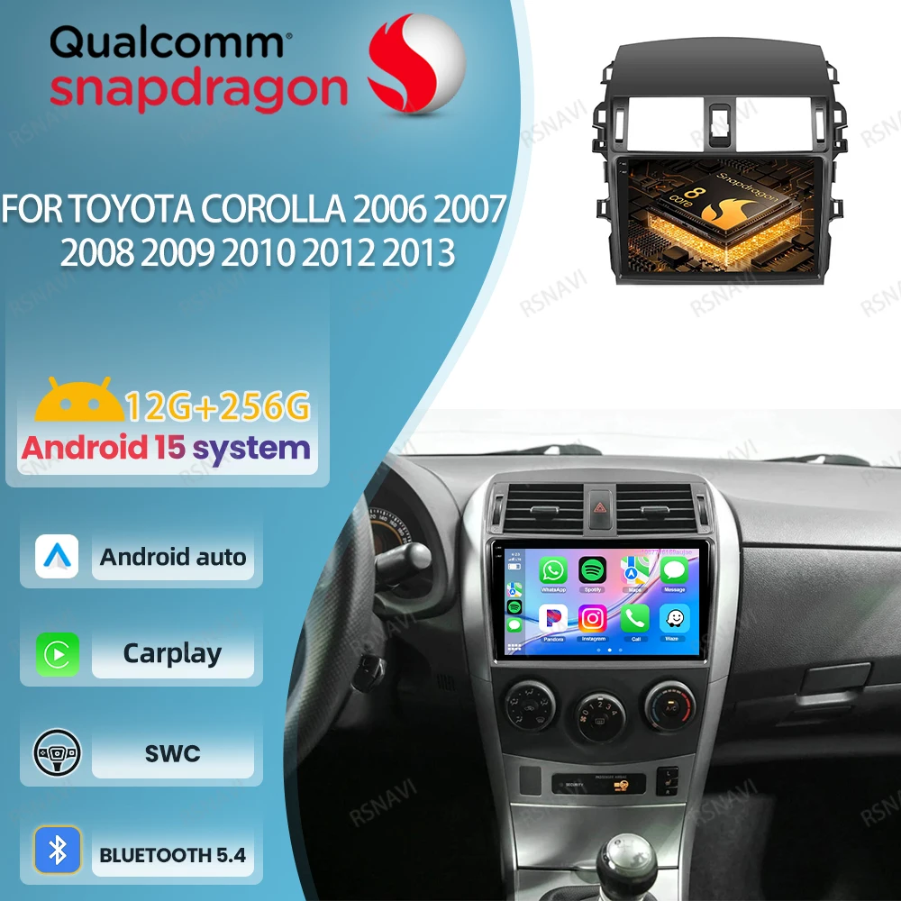 

Автомобильный радиоприемник Android 15 для Toyota Corolla 2006 2007 2008 2009 2010 2012 2013, QLED мультимедийный беспроводной Carplay, авто стерео DSP DVD
