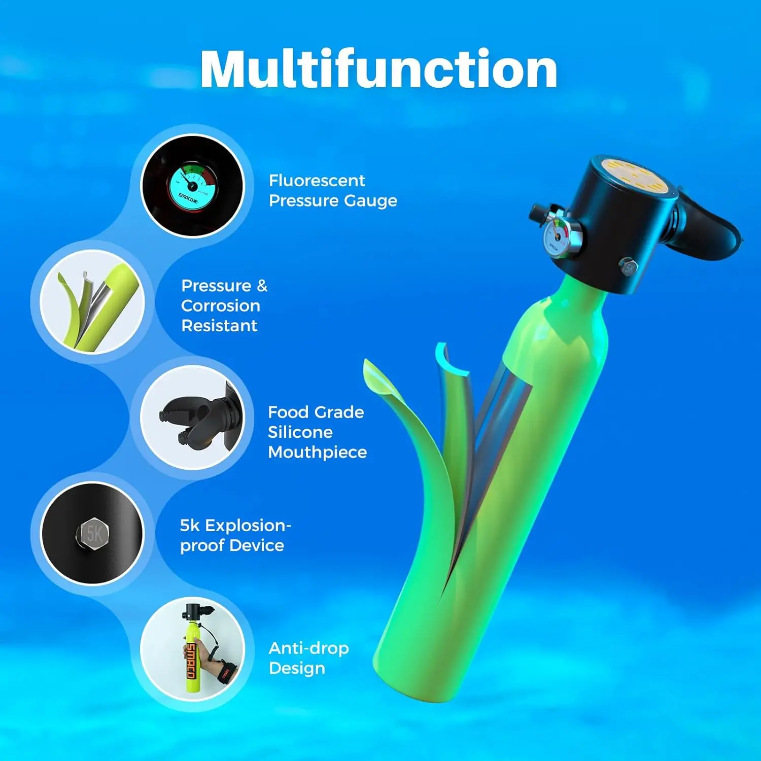 SMACO Mini Scuba Tank 0.5L พร้อมกระเป๋า tanque buceo ดําน้ําแบบพกพากระบอกสําหรับการสํารวจใต้น้ํากลางแจ้งของขวัญ Unisex