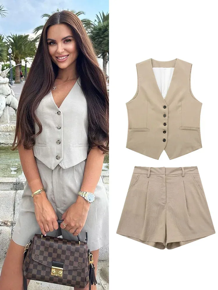 TRAFZA Women Elegant Solid Button Sleeveless Linen Shorts Set Vintage Casual V Neck Chic Vest Set 2024 Women\'s Office Lady Suit
