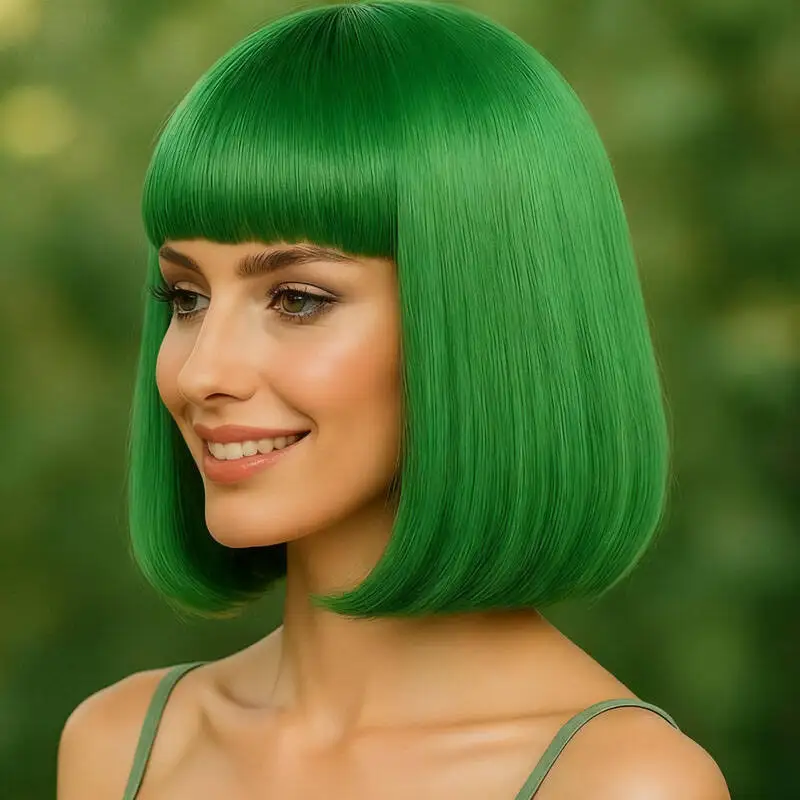 باروكة صناعية أنبوبية مستقيمة خضراء ناعمة مقاس 12 بوصة، مناسبة لحفلات الهالوين وعيد الفصح من الألياف المقاومة للحرارة للسيدات #5