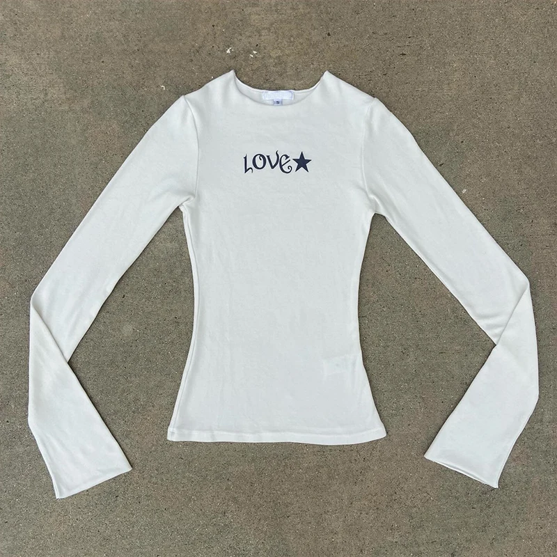 

Vintage Women Clothes Y2K Slim Printing Long Sleeve T-shirts Streetwear O-Neck Pullovers 2000s Aesthetic T Shirt Y2k Clothes