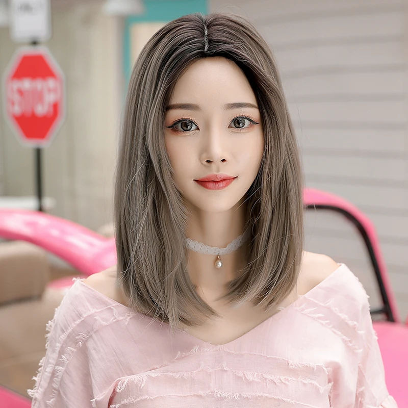 High Density Short Straight Ash Brown Bob Wig for Women Daily Synthetic Layered Middle Part Light Brown Hair Wig with Dark Roots