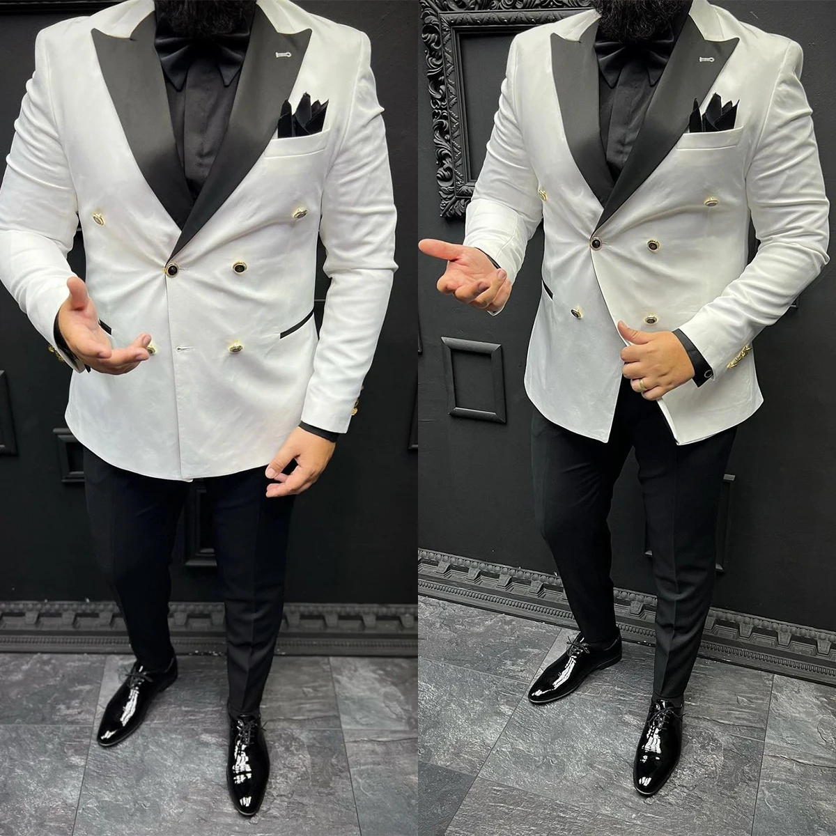 

Modern Men's Suit 2 Pieces White Blazer Pants Double Breasted Peaked Lapel Business Formal Work Wear Wedding Groom Costume Homme