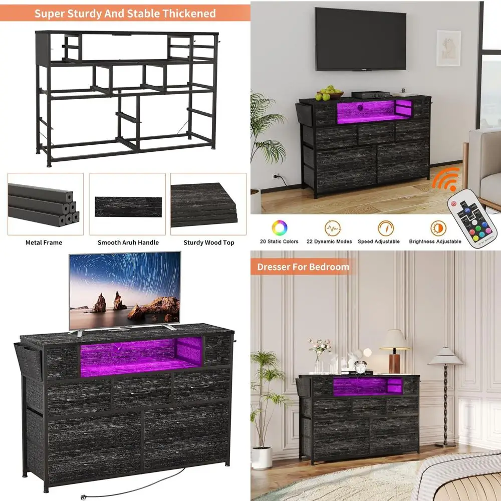 

Тумба под телевизор 55 дюймов с 11 ящиками, светодиодной подсветкой, розетками и тканевым комодом из угольной ткани