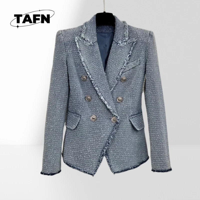 24 Blue Blazer Jacket Double-Breasted Style Wool Warm Windproof Banquet Luxury High-End Women's Suit Elegant Trend