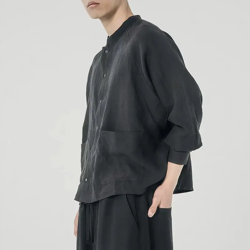 Camisa Retro 100% de lino para hombre, blusa informal de manga larga de gran tamaño con cuello vuelto, blusa elegante para mujer, Camisa femenina