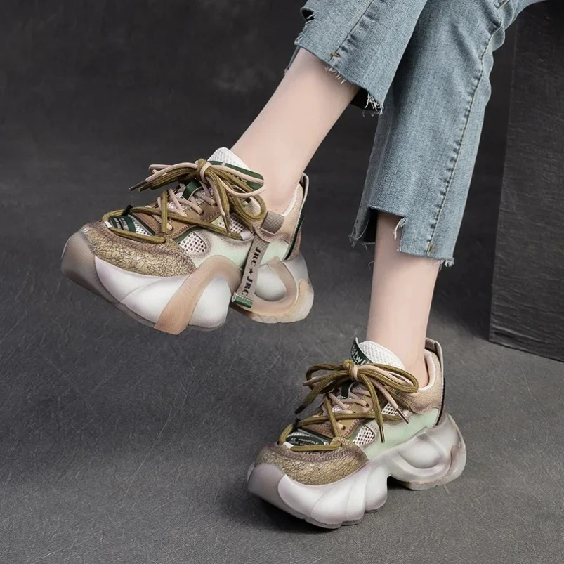 

2025 5cm Air Mesh Genuine Leather Women Autumn Thick Soled Spring Summer Vulcanize Chunky Sneaker Platform Wedge Fashion Shoes