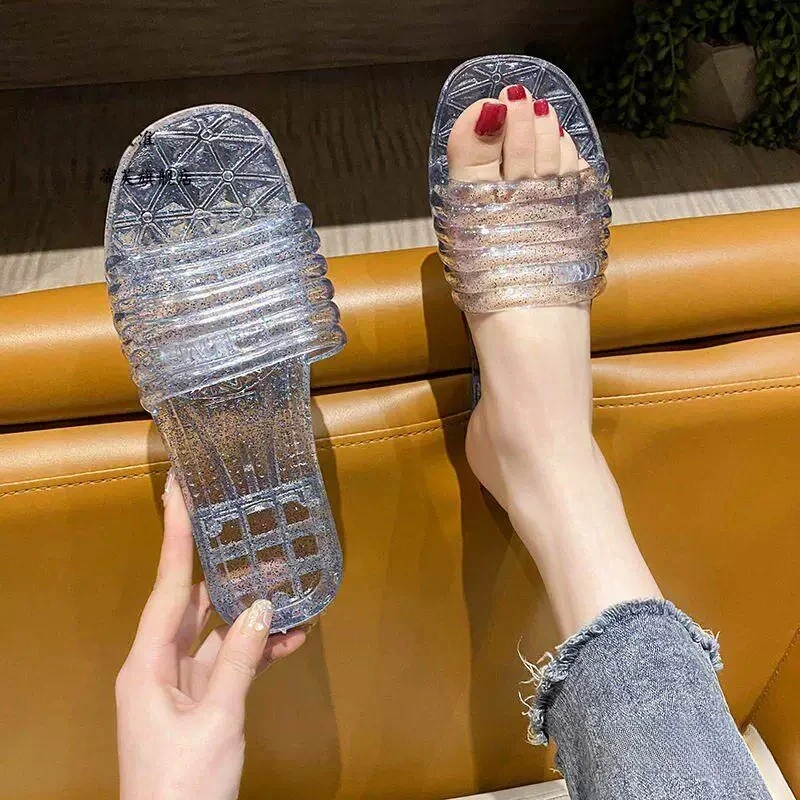 

Crystal Plastic Jelly Home Slippers Anti-Slip Bathing Couples Cool Summer Indoor Shoes round Toe PVC Bottom High Arch Support