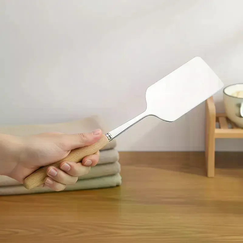 Stainless Steel Square Head Steak Cooking Spatula Wood Handle Pizza Shovel Pancake Beef Scraper BBQ Utensils for Kitchen