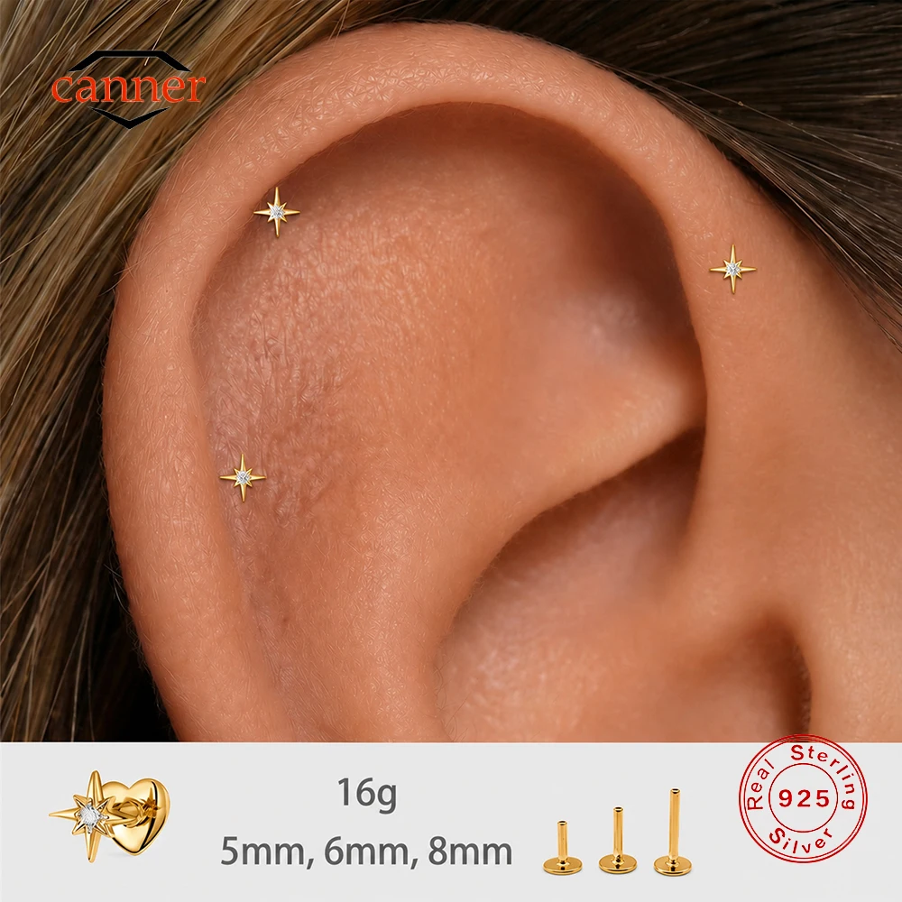 CANNER 1PC 925 Sterling Silver Octagram Star Studs 5/6/8mm Flat Back Cartilage Helix Piercing Ear Jewelry For Daily Wear Party