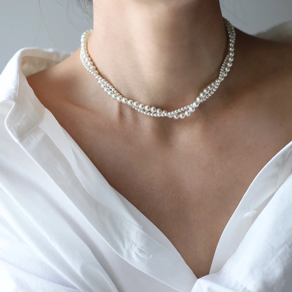 Exclusive Design Glass Pearls Luxury Necklace Stainless Steel Double-Layer Chain Premium Jewelry Gift