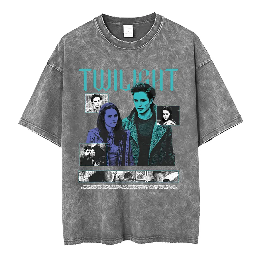 Twilight Edward Cullen Bella Swan Vampire Vintage Washed Short Sleeve T-shirts Men Women Clothing Oversized T Shirts Streetwear