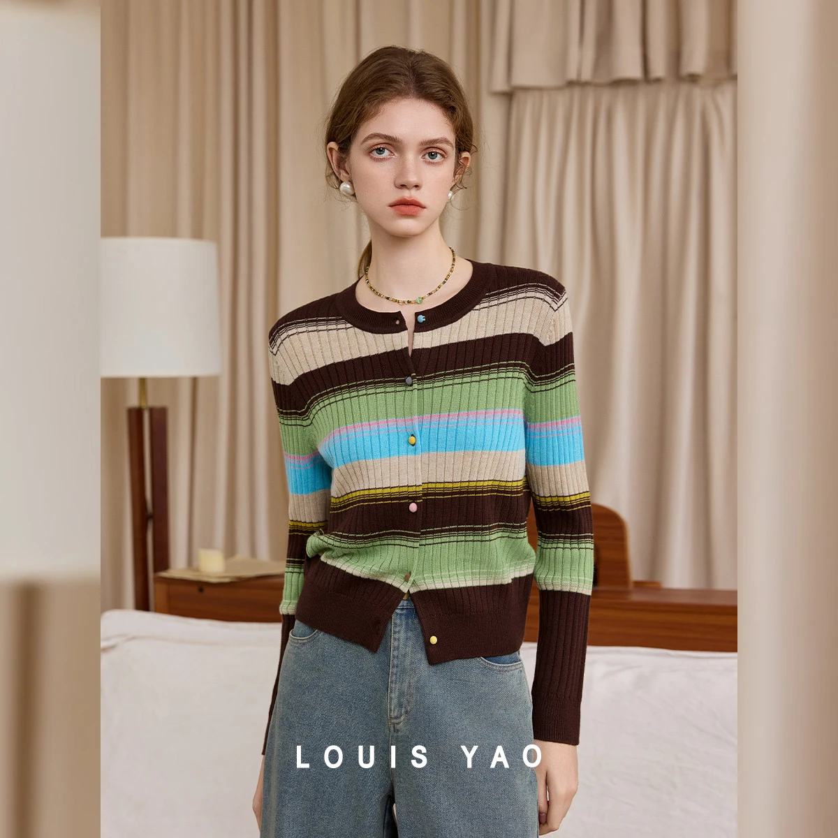 LOUIS YAO Colorful Stripes Knit Cardigan 2026 Autumn Crew Neck Slightly Stretchy Multi Color Buttons Office Knit Sweater