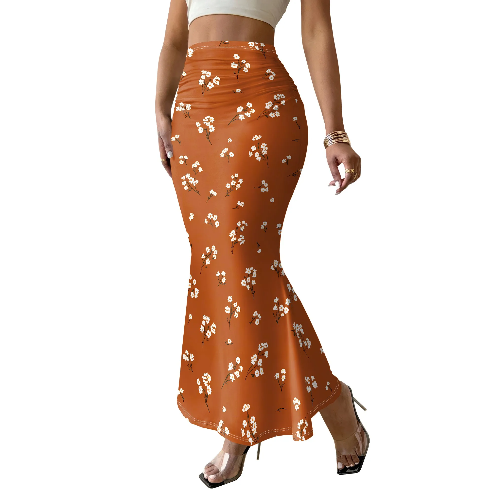 Floral Print Ruched Maxi Skirt, White Flower Pattern, Bodycon Mermaid Hem, Elegant Summer Wear for Women, S-2XL